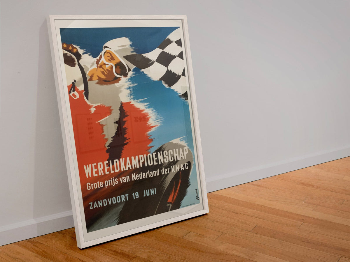 Dutch Grand Prix Zandvoort poster in a white frame leaning against a wall
