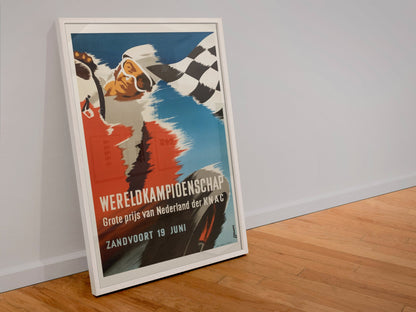 Dutch Grand Prix Zandvoort poster in a white frame leaning against a wall