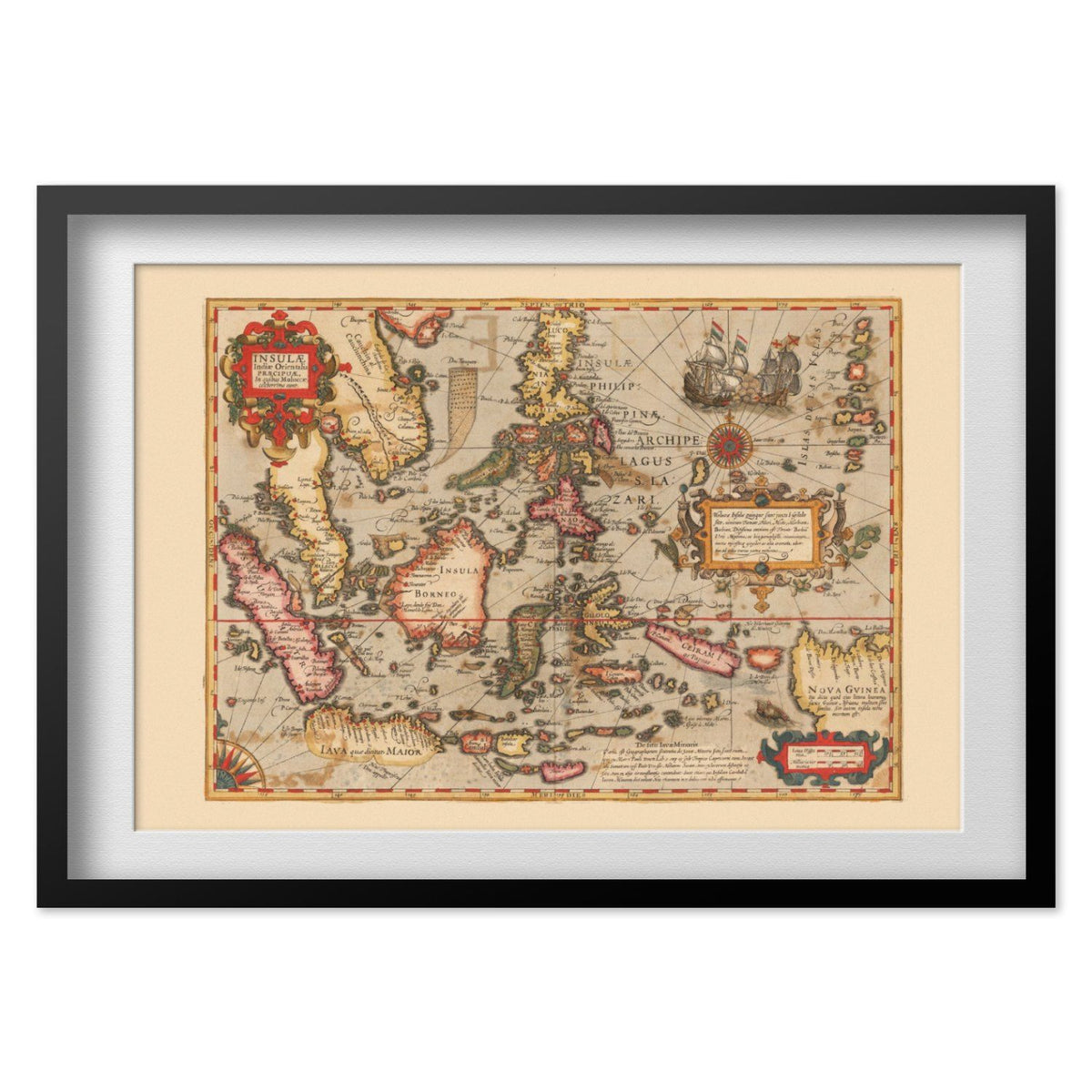 East Indies 1613 Map print in a black frame with a white mat