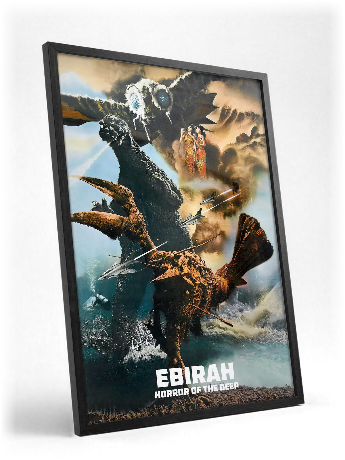 Ebirah, Horror of the Deep (1966) Movie Illustrated Art poster in a black frame with glass leaning against a wall