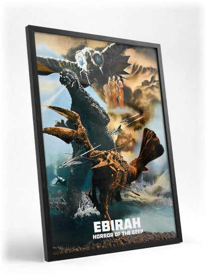 Ebirah, Horror of the Deep (1966) Movie Illustrated Art poster in a black frame with glass leaning against a wall