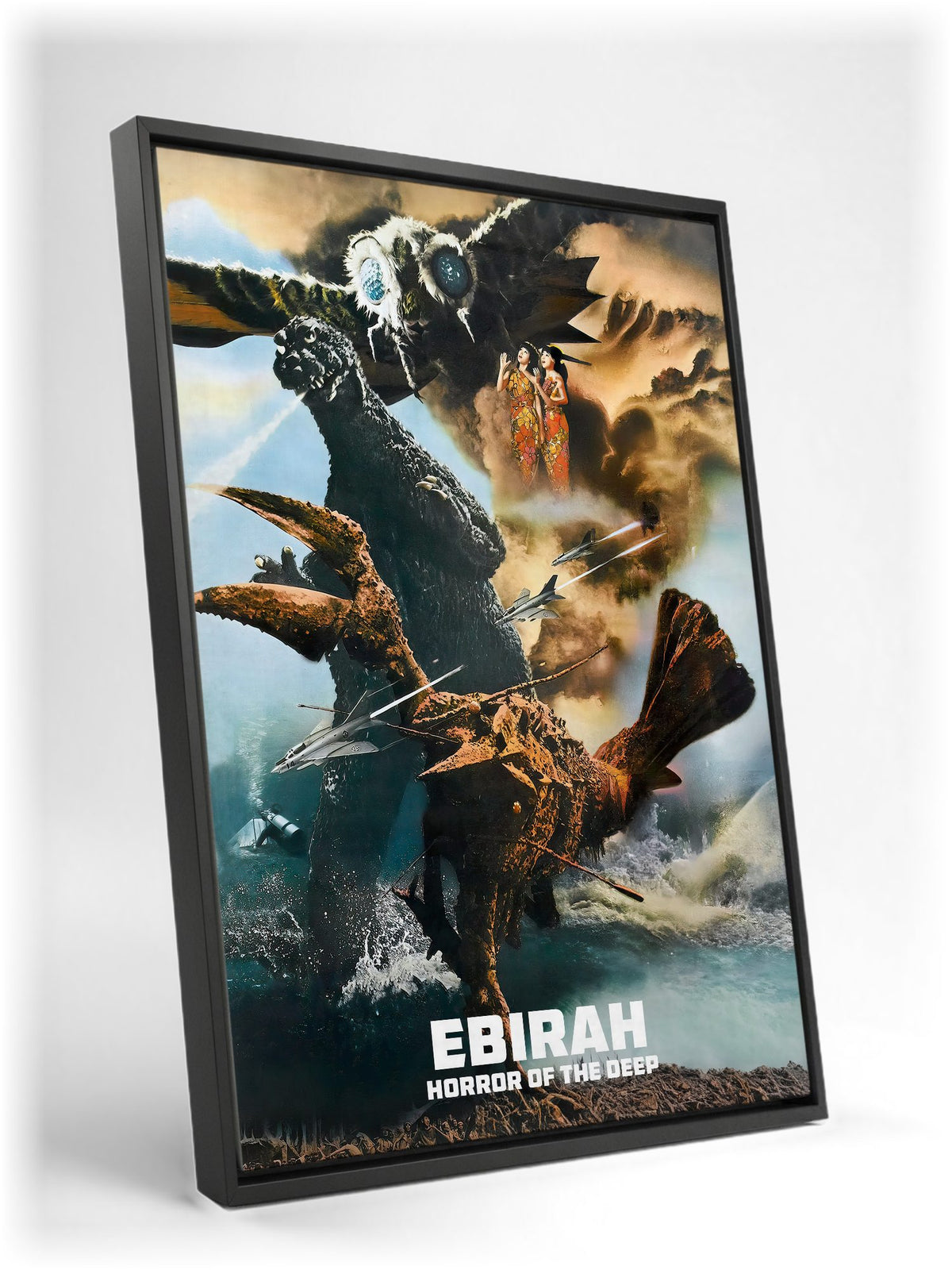 Ebirah, Horror of the Deep (1966) Movie Illustrated Art as a black floater framed canvas leaning against a wall