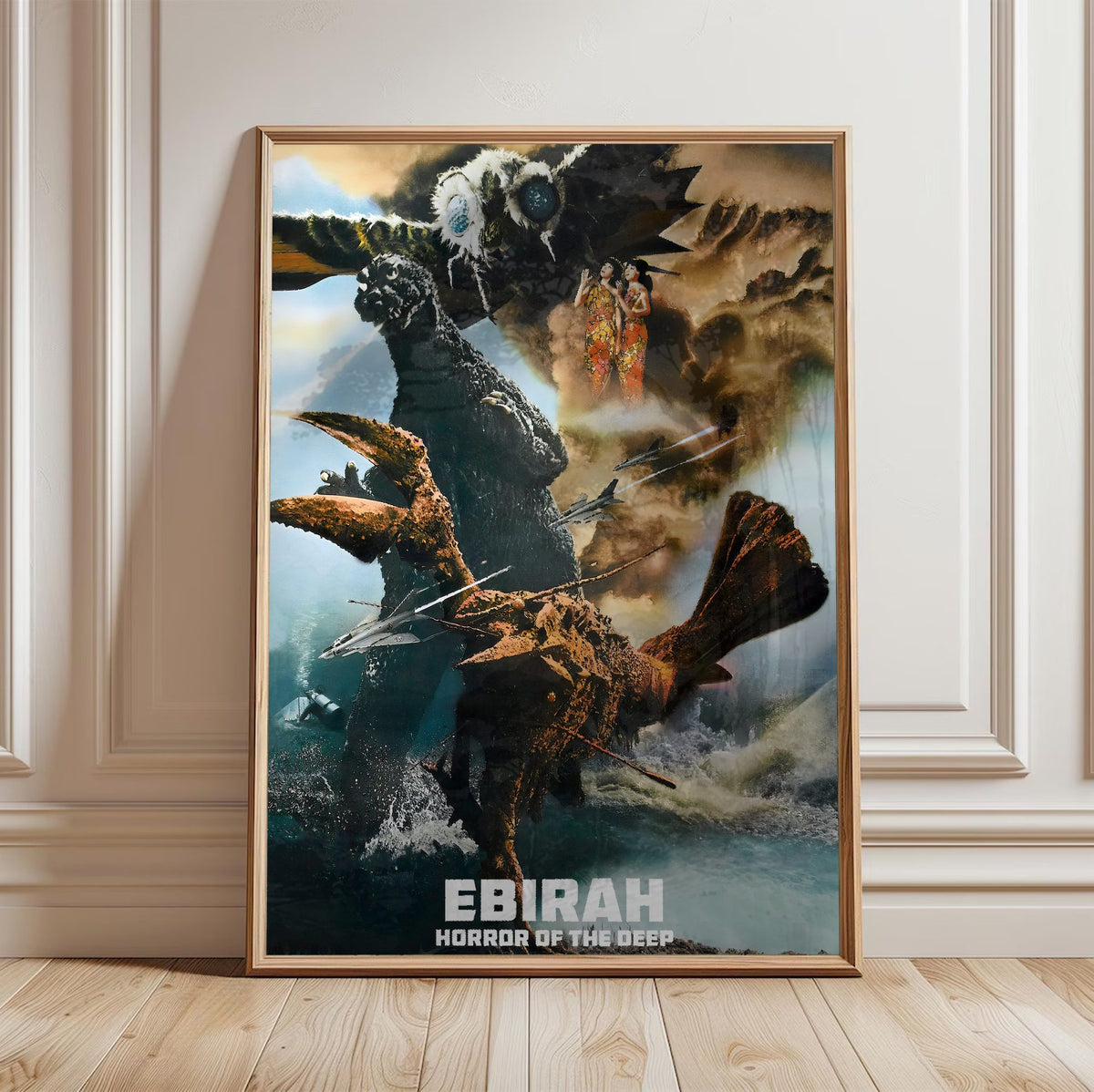 Ebirah, Horror of the Deep (1966) Movie Illustrated Art poster in a light oak frame leaning against a white wall