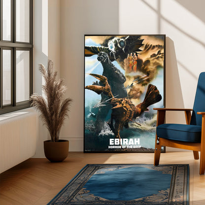 Ebirah, Horror of the Deep (1966) Movie Illustrated Art poster framed beside a blue armchair in a sunlit room