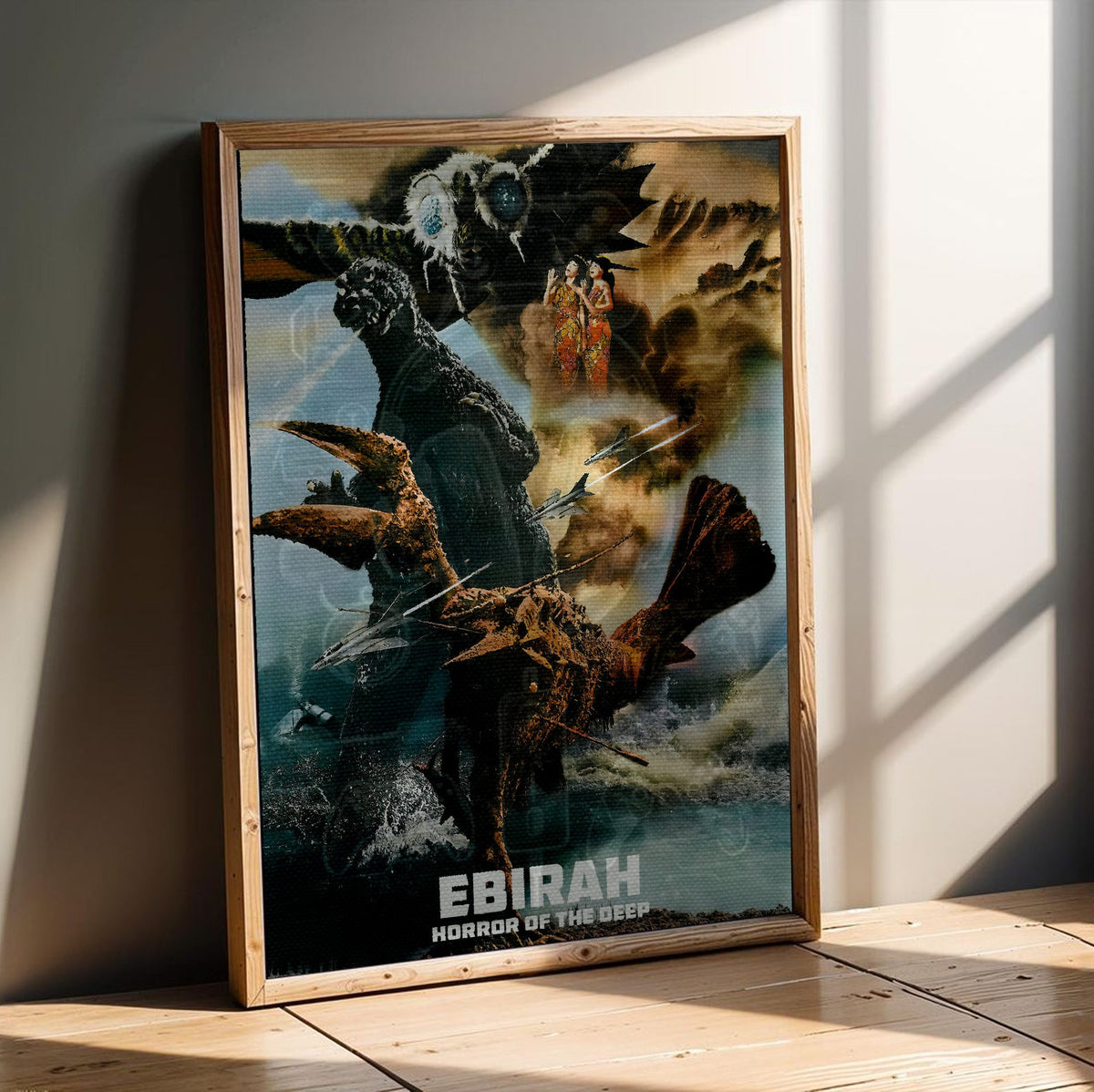 Ebirah, Horror of the Deep (1966) Movie Illustrated Art poster in an oak frame leaning on a wooden floor