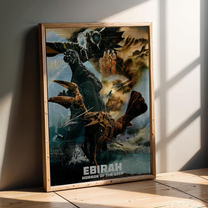 Ebirah, Horror of the Deep (1966) Movie Illustrated Art poster in an oak frame leaning on a wooden floor