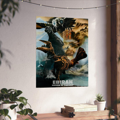 Ebirah, Horror of the Deep (1966) Movie Illustrated Art poster unframed on a white wall above a desk