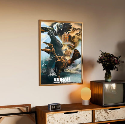 Ebirah, Horror of the Deep (1966) Movie Illustrated Art poster in an oak frame above a sideboard