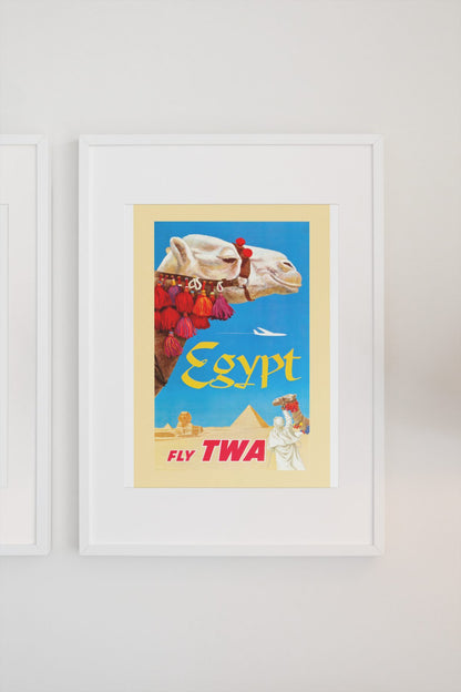 Egypt Fly TWA Camel poster on a light wall