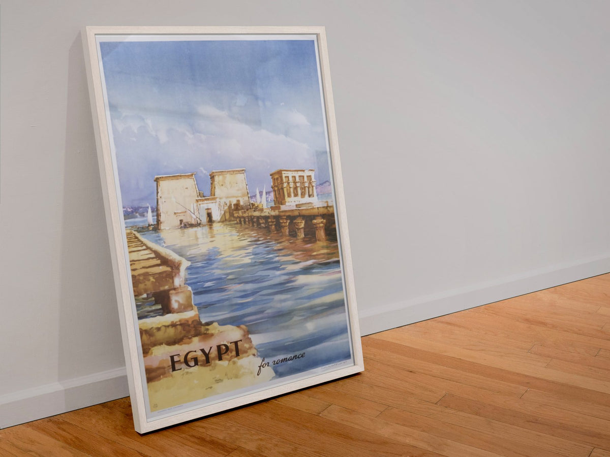 Egypt Philae Temple poster in a white frame leaning against a wall