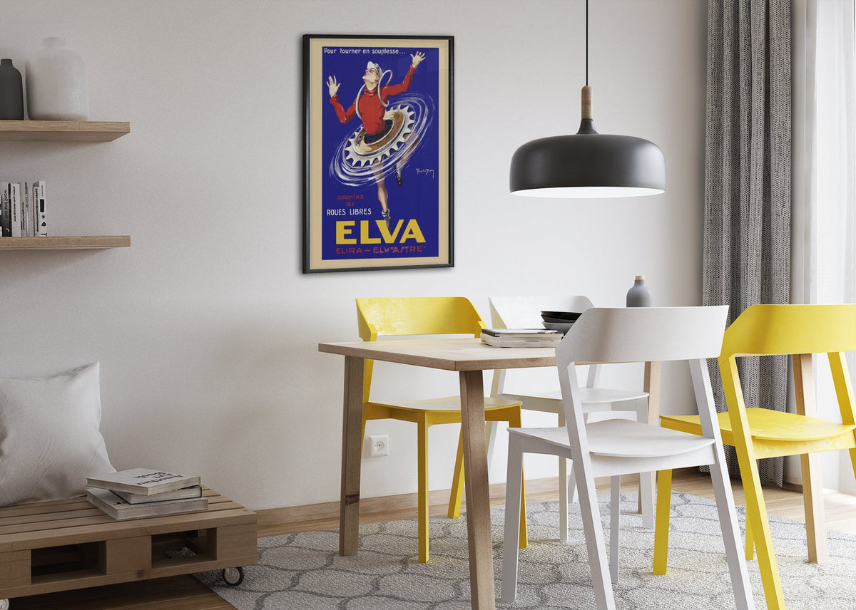 Elva Roues Libres poster framed above a dining table