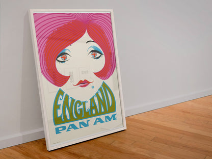England Pan Am poster in a white frame leaning against a wall