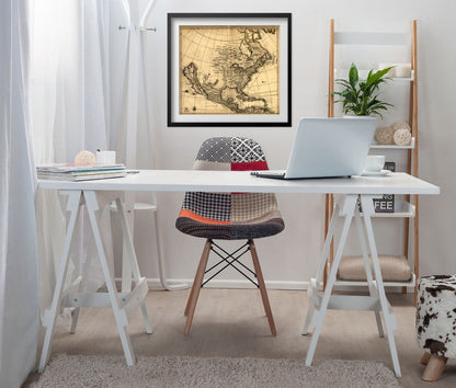 English Empire in America 1685 Map print framed above a white desk in a home office