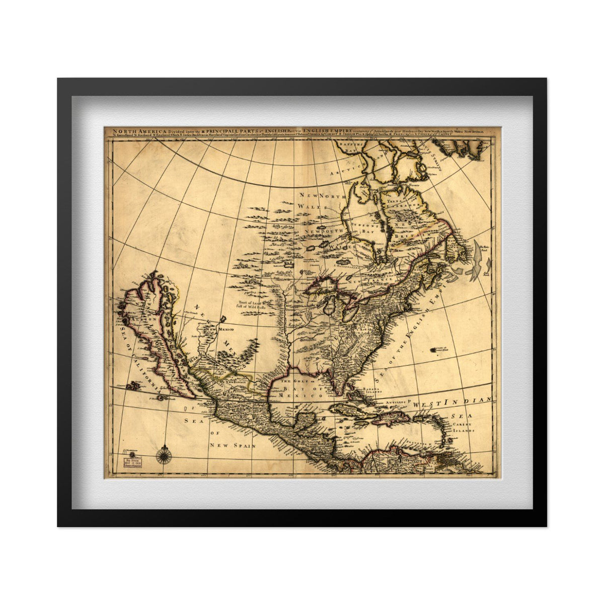 English Empire in America 1685 Map print in a black frame with a white mat
