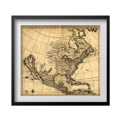 English Empire in America 1685 Map print in a black frame with a white mat