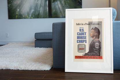 Enlist in a Proud Profession Cadet Nurse Corps poster leaning beside a blue sofa