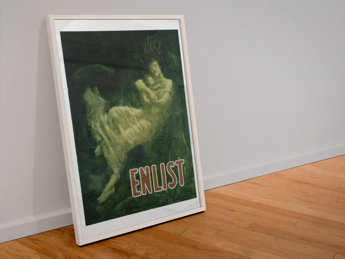 Enlist — Lusitania poster in a white frame leaning against a wall