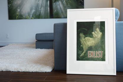 Enlist — Lusitania poster leaning beside a blue sofa