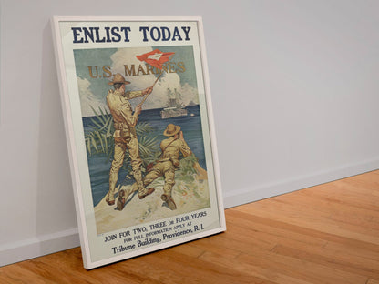 Enlist Today US Marines poster in a white frame leaning against a wall