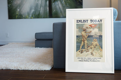 Enlist Today US Marines poster leaning beside a blue sofa