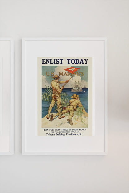 Enlist Today US Marines poster on a light wall