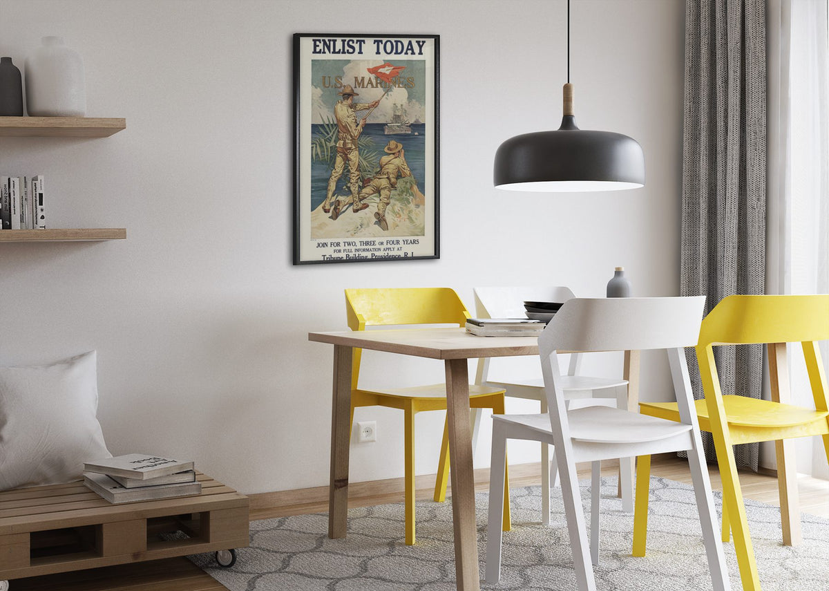 Enlist Today US Marines poster framed above a dining table