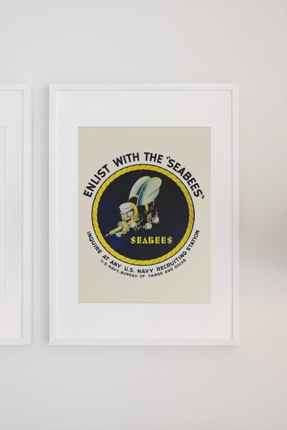 Enlist with the Seabees poster on a light wall