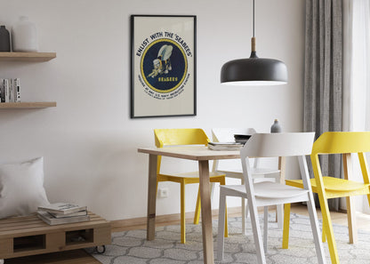 Enlist with the Seabees poster framed above a dining table
