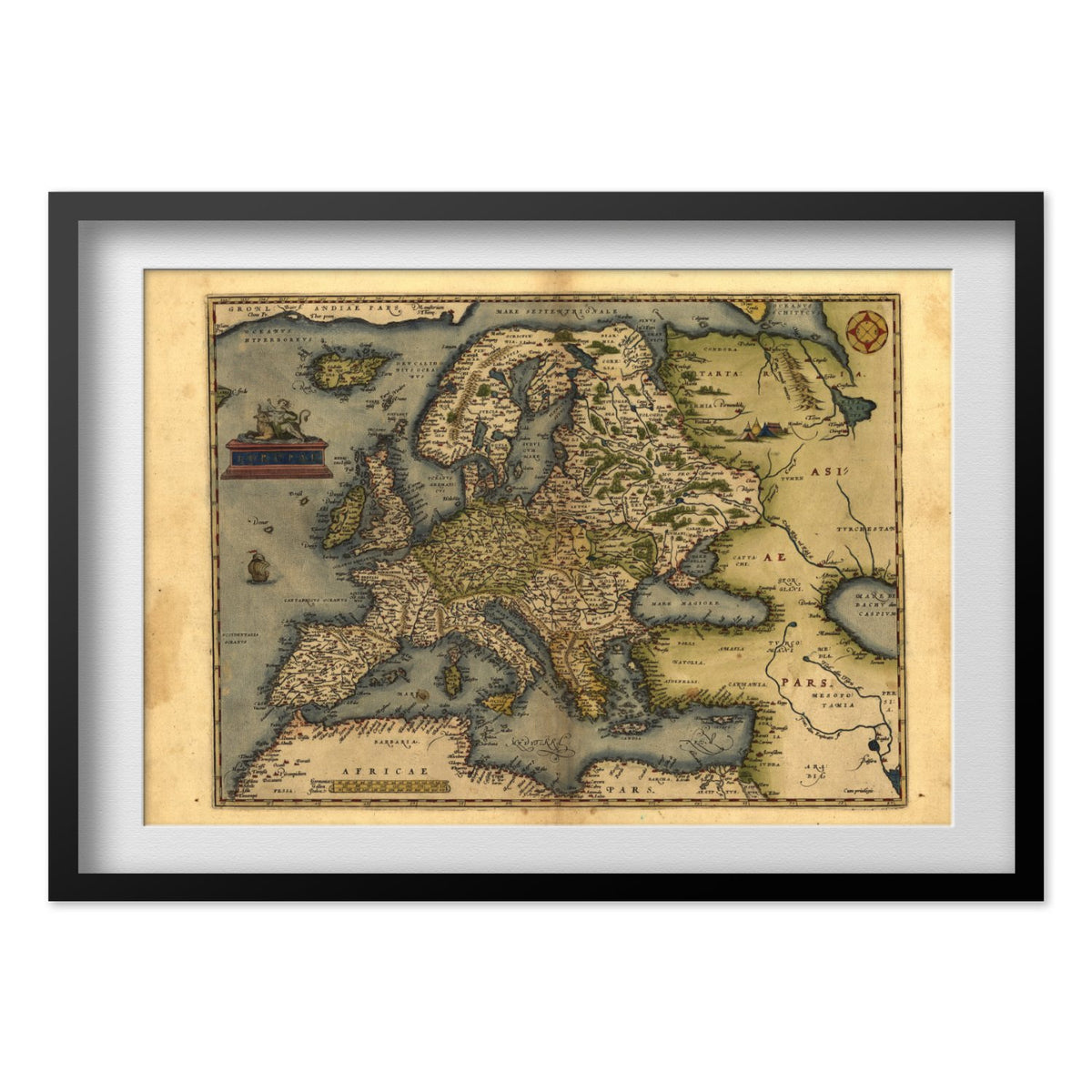 Europe 1570 Ortelius Map print in a black frame