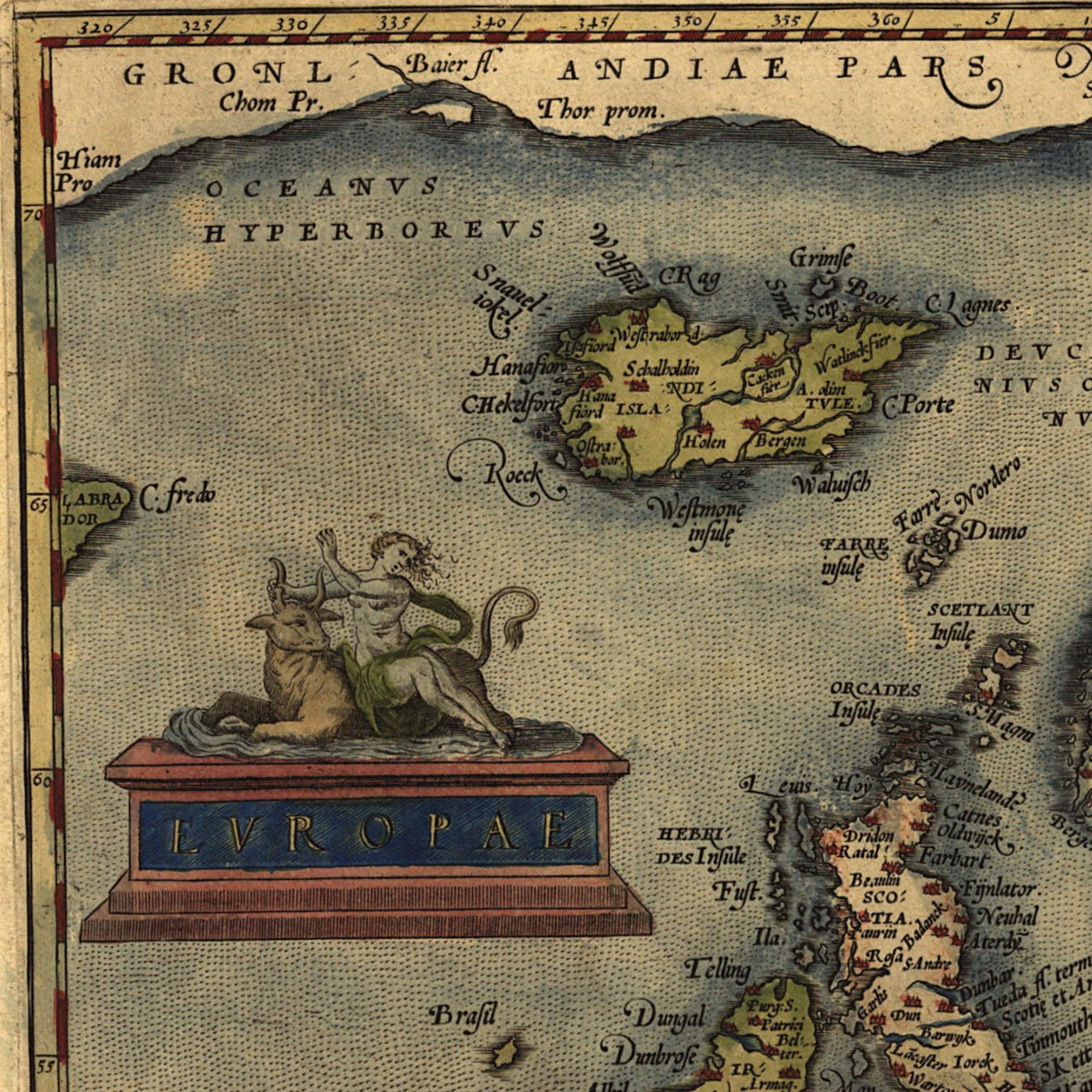Close-up detail of the Europe 1570 Ortelius Map print