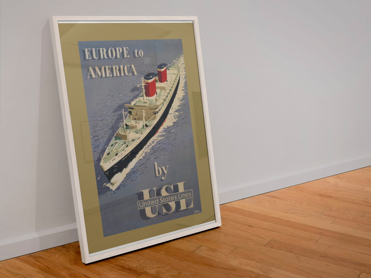 Europe to America United States Lines poster in a white frame leaning against a wall