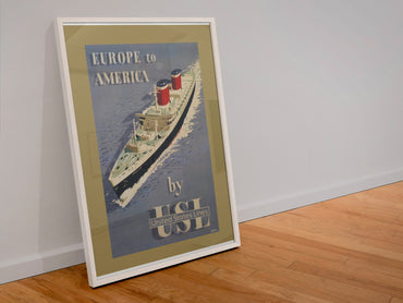 Europe to America United States Lines poster in a white frame leaning against a wall