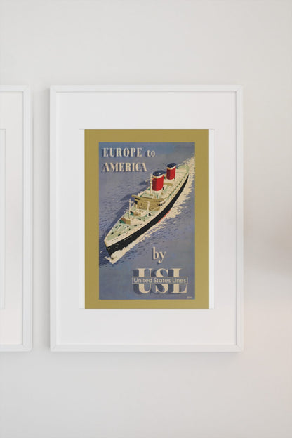 Europe to America United States Lines poster on a light wall