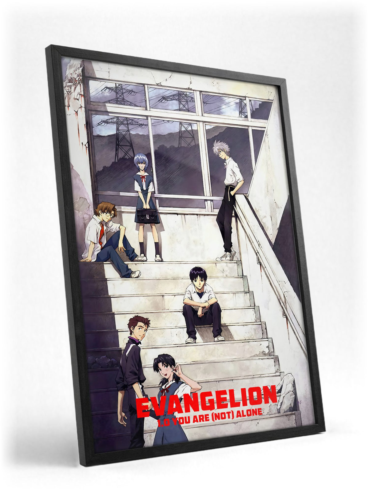Evangelion: 1.0 You Are (Not) Alone (2007) Movie Key Art poster in a black frame with glass leaning against a wall