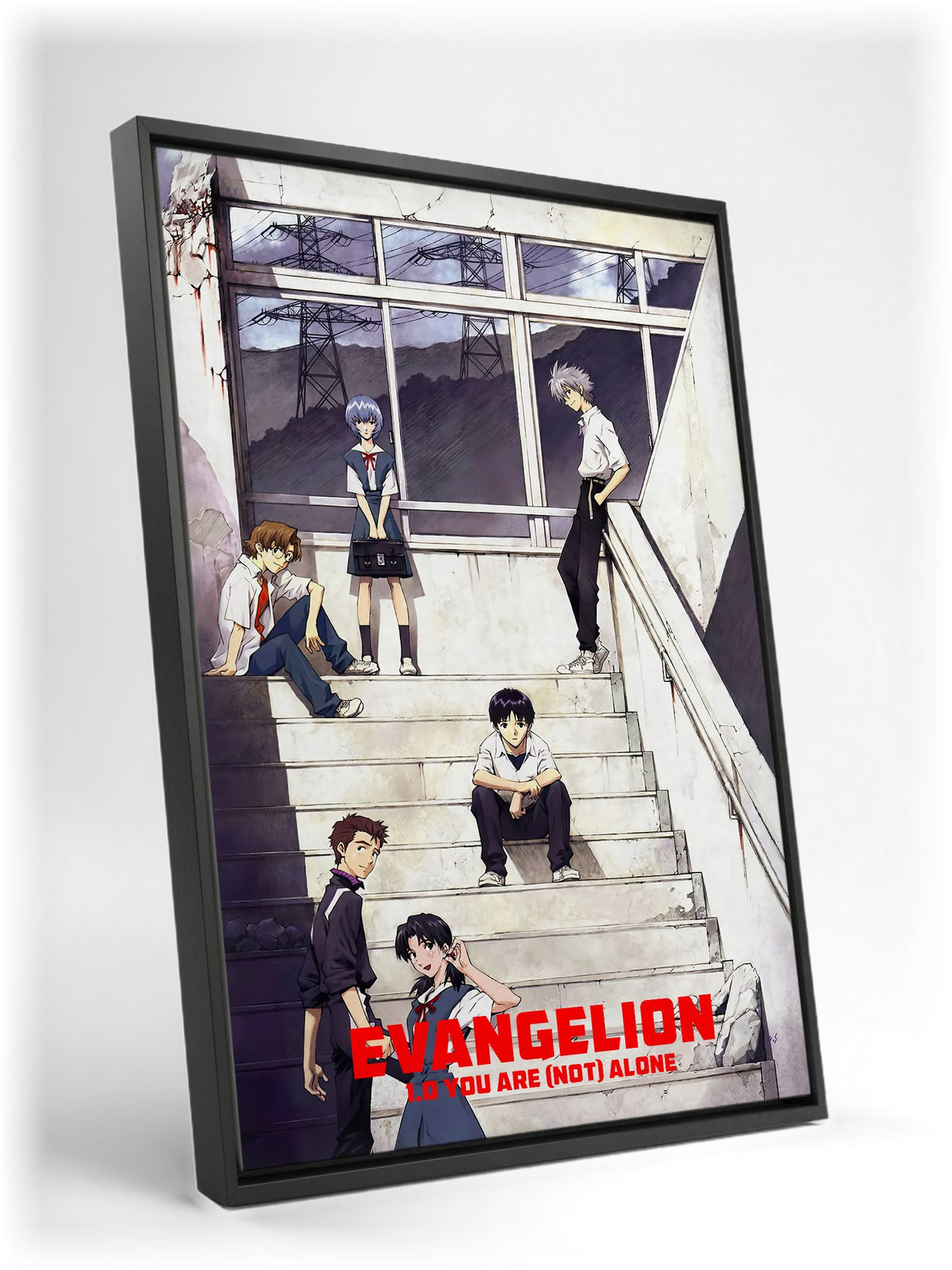 Evangelion: 1.0 You Are (Not) Alone (2007) Movie Key Art as a black floater framed canvas leaning against a wall