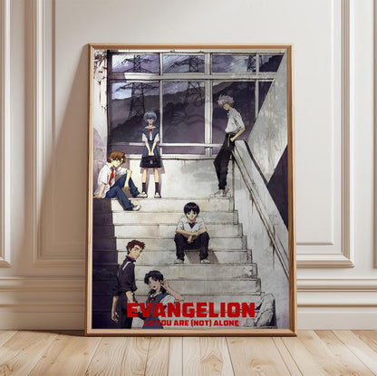 Evangelion: 1.0 You Are (Not) Alone (2007) Movie Key Art poster in a light oak frame leaning against a white wall