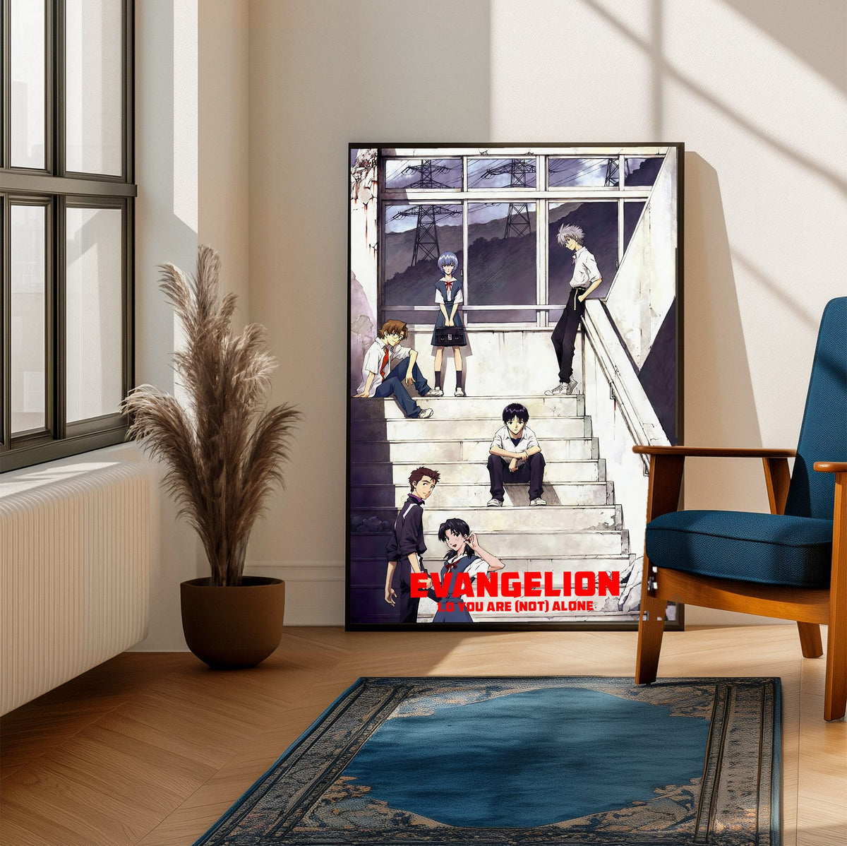 Evangelion: 1.0 You Are (Not) Alone (2007) Movie Key Art poster framed beside a blue armchair in a sunlit room