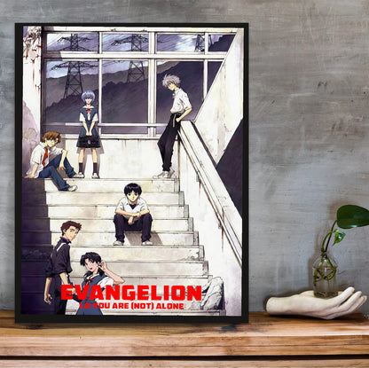 Evangelion: 1.0 You Are (Not) Alone (2007) Movie Key Art poster in a black frame on a wooden shelf against concrete