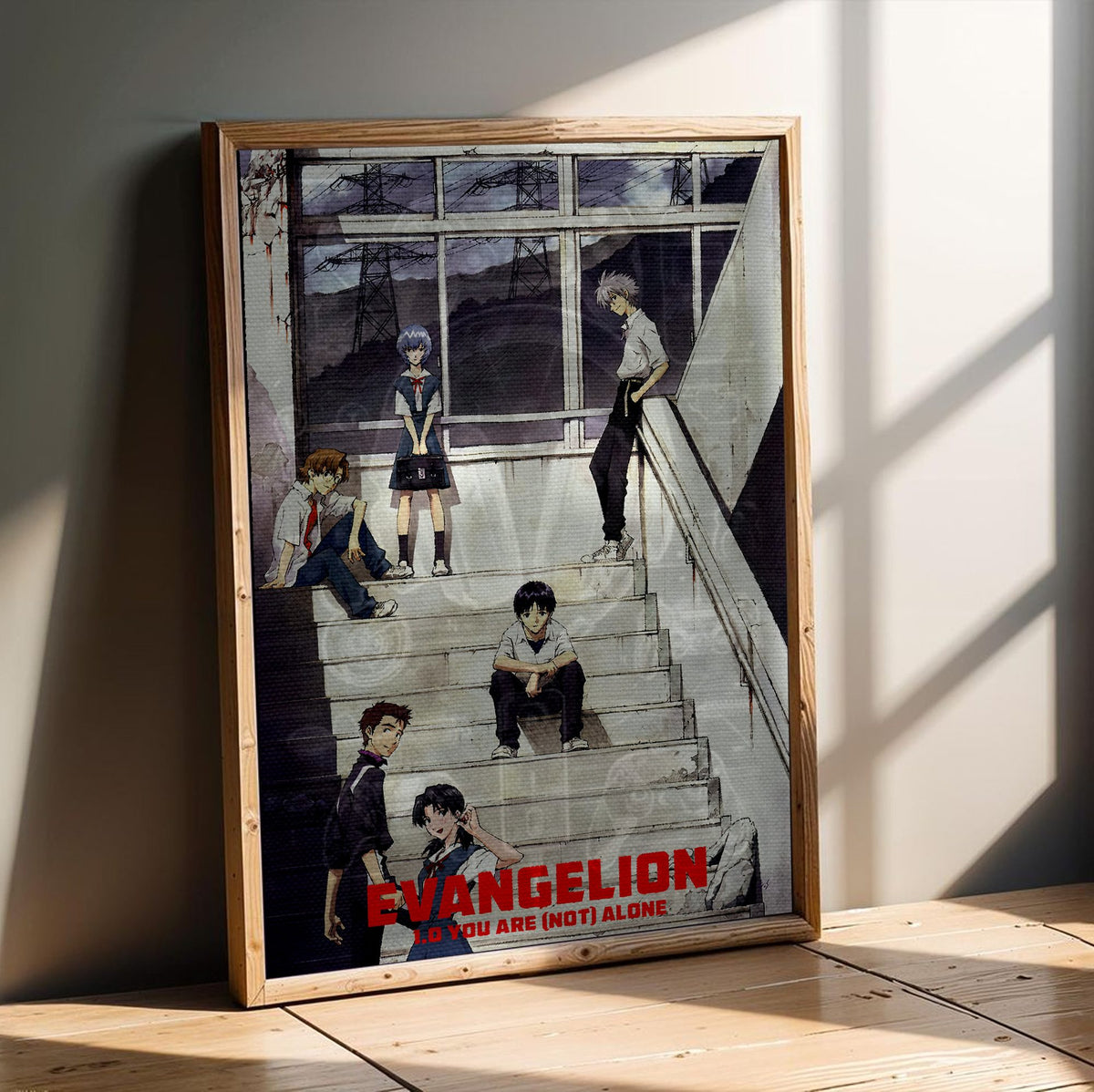 Evangelion: 1.0 You Are (Not) Alone (2007) Movie Key Art poster in an oak frame leaning on a wooden floor