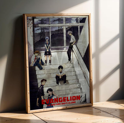 Evangelion: 1.0 You Are (Not) Alone (2007) Movie Key Art poster in an oak frame leaning on a wooden floor