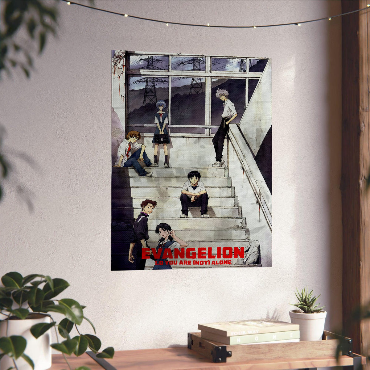 Evangelion: 1.0 You Are (Not) Alone (2007) Movie Key Art poster unframed on a white wall above a desk
