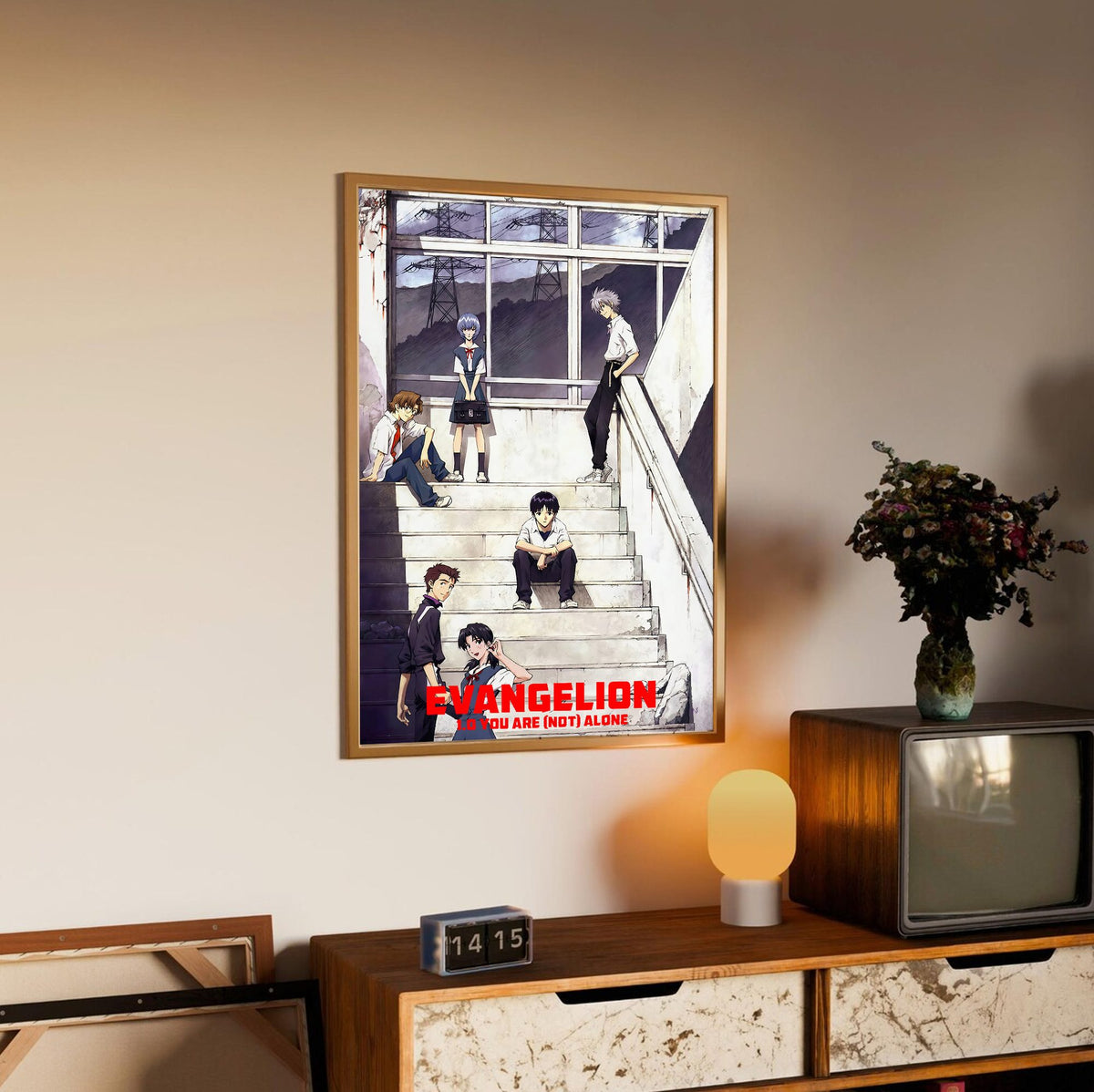 Evangelion: 1.0 You Are (Not) Alone (2007) Movie Key Art poster in an oak frame above a sideboard