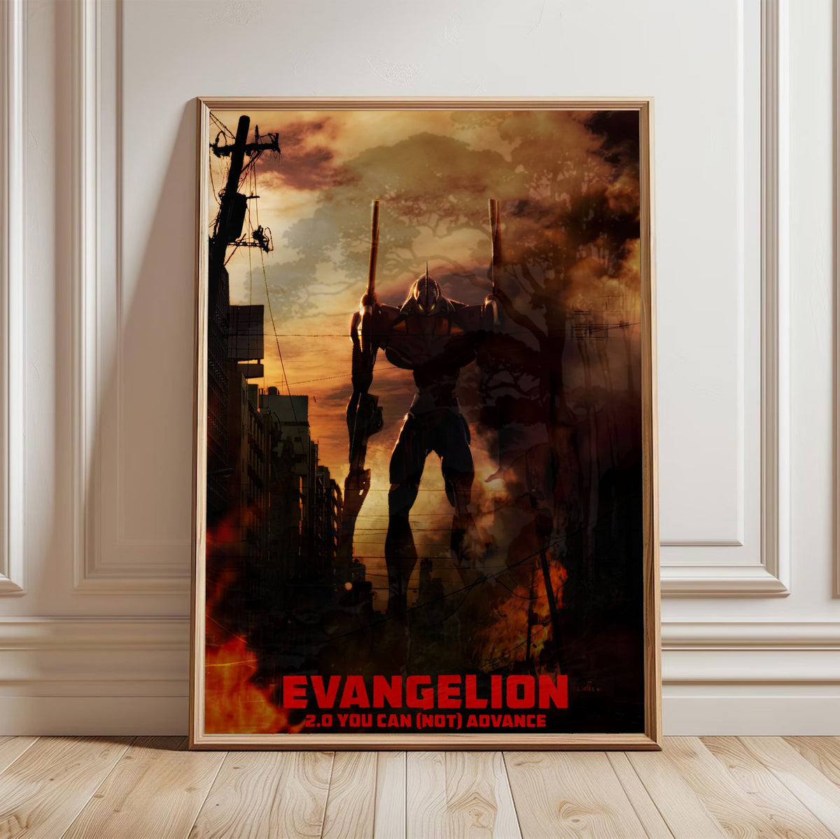 Evangelion: 2.0 You Can (Not) Advance (2009) Movie Key Art poster in a light oak frame leaning against a white wall