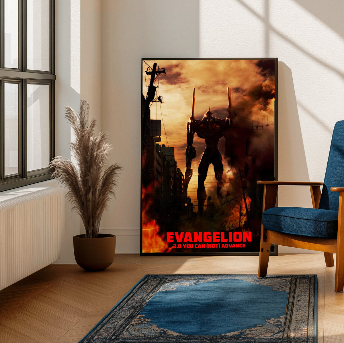 Evangelion: 2.0 You Can (Not) Advance (2009) Movie Key Art poster framed beside a blue armchair in a sunlit room