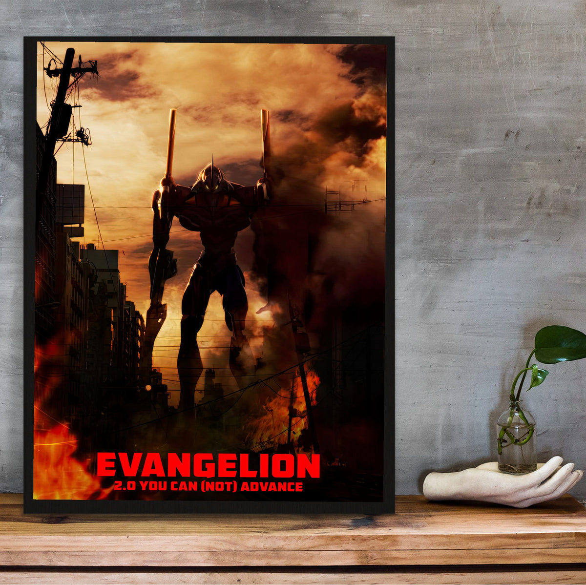 Evangelion: 2.0 You Can (Not) Advance (2009) Movie Key Art poster in a black frame on a wooden shelf against concrete