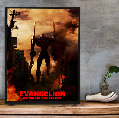Evangelion: 2.0 You Can (Not) Advance (2009) Movie Key Art poster in a black frame on a wooden shelf against concrete