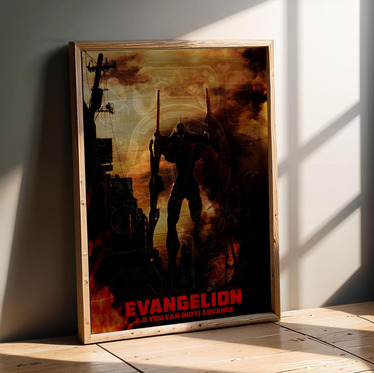 Evangelion: 2.0 You Can (Not) Advance (2009) Movie Key Art poster in an oak frame leaning on a wooden floor