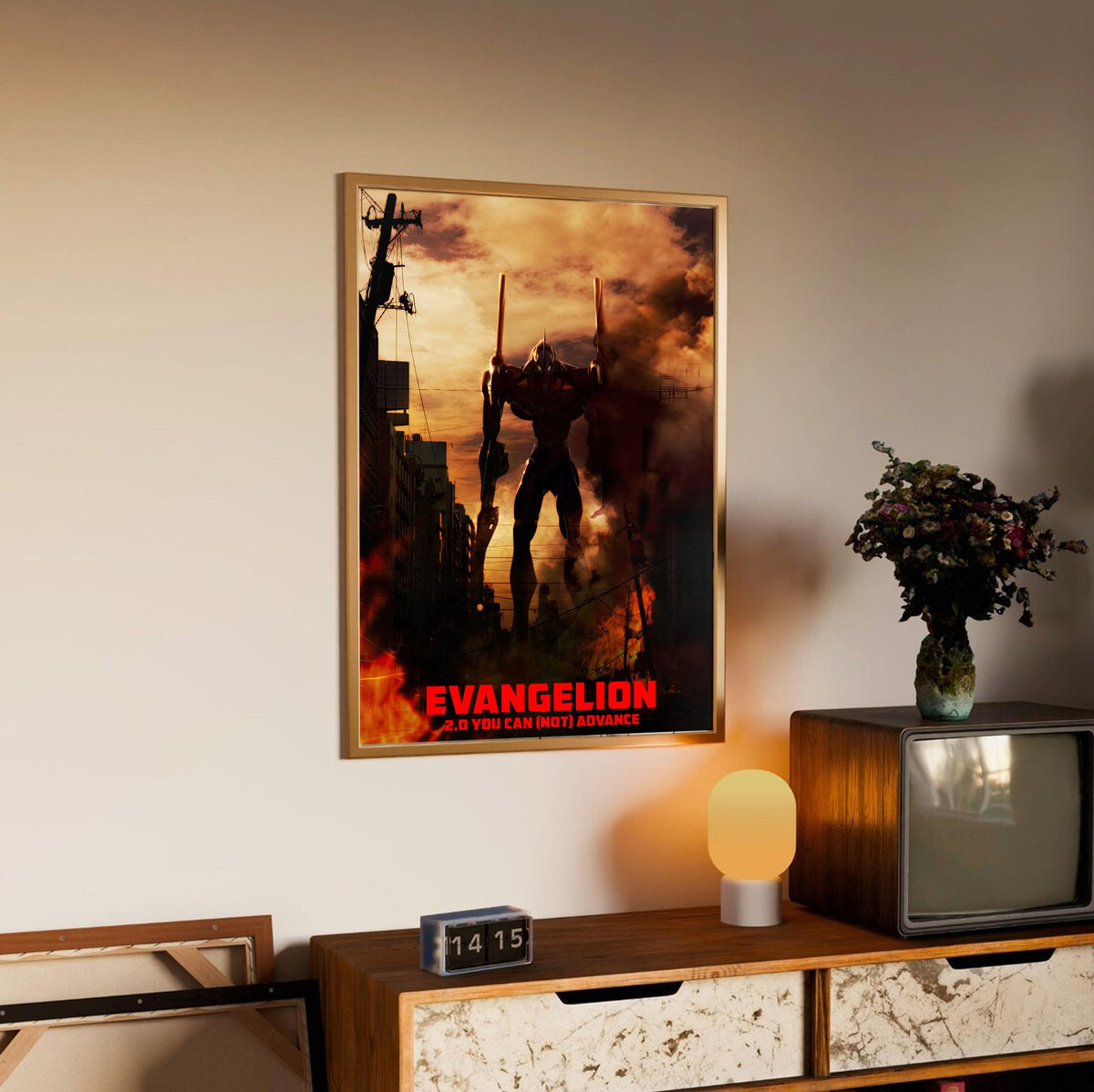 Evangelion: 2.0 You Can (Not) Advance (2009) Movie Key Art poster in an oak frame above a sideboard