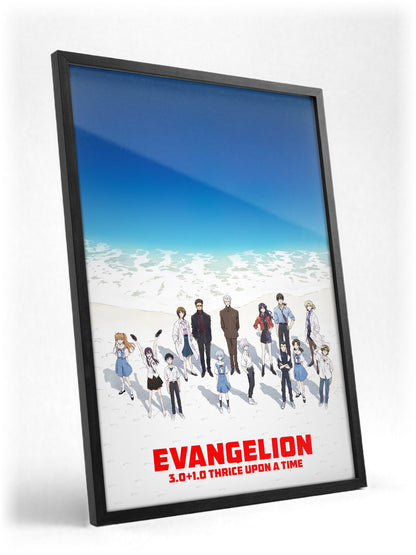 Evangelion: 3.0+1.0 Thrice Upon a Time (2021) Movie Key Art poster in a black frame with glass leaning against a wall