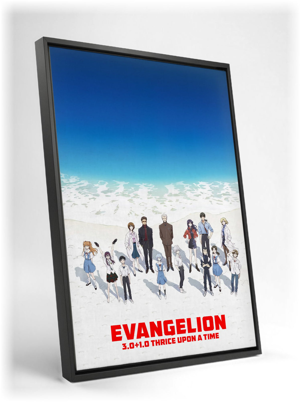 Evangelion: 3.0+1.0 Thrice Upon a Time (2021) Movie Key Art as a black floater framed canvas leaning against a wall
